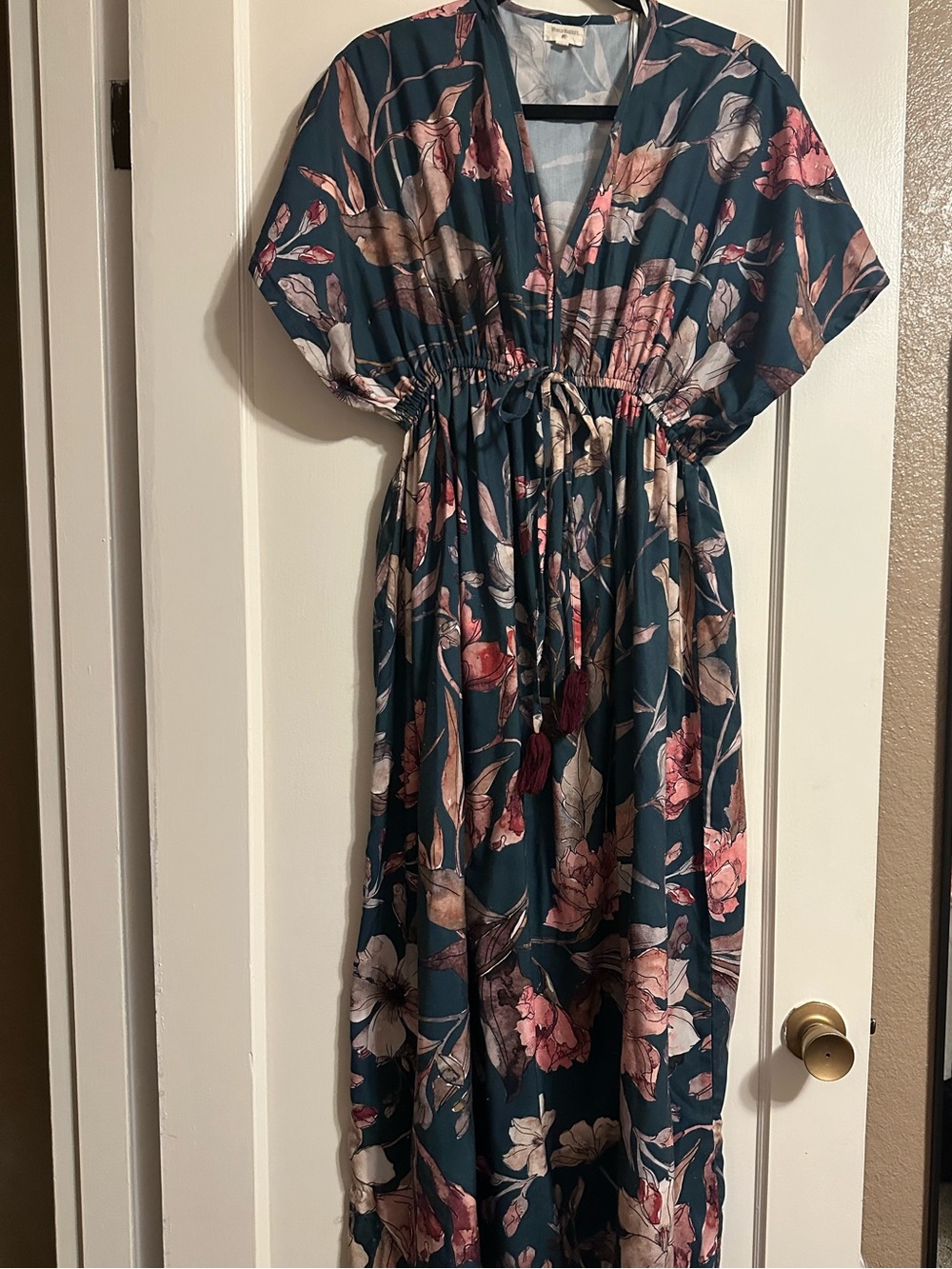 Cost Plus World Market Teal Maxi Dress with Pink and Cream Floral Print